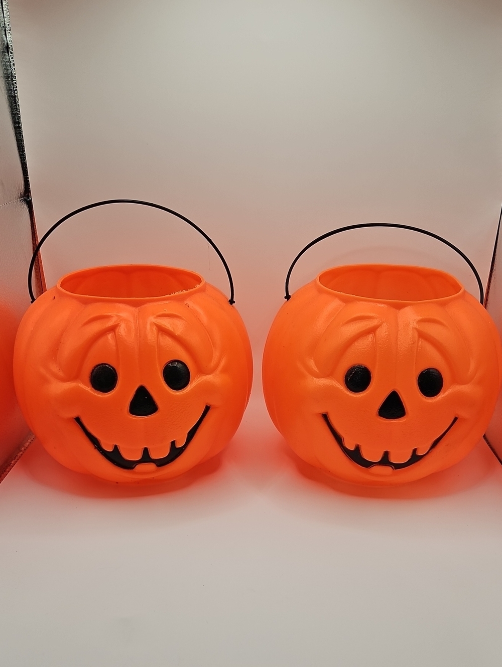 Pair of Vintage General Foam Orange Plastic Jack-O'-Lantern Buckets Blow Molds